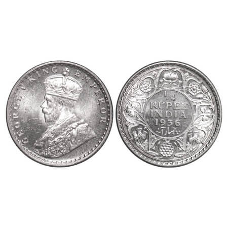 George V, Silver, 1/4 Rupee, 1936, Calcutta Mint, No dot. F. Prid 453. GK 1099. Brilliant 