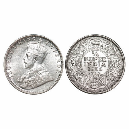 George V, Silver, 1/4 Rupee, 1936, Bombay Mint, Dot, with tiny Diamond shape pyramid on bo