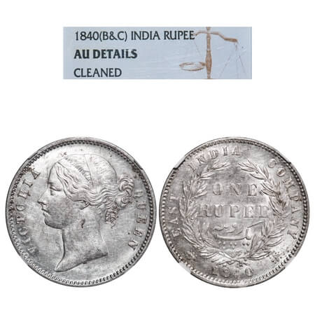 Victoria Queen, Silver, Rupee, 1840, DL, Calcutta Mint, W.W. raised, Wreath with 28 Berrie