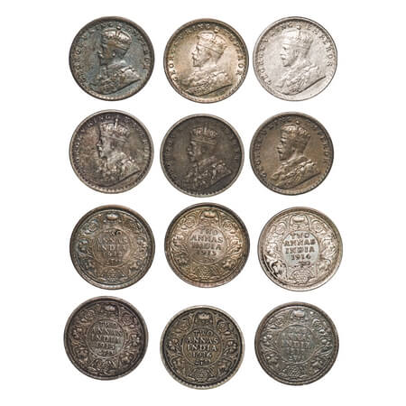 George V, Silver, 2 Annas, (6 coins), 1912, 1913, 1914, 1915, Bombay Mint, Dot, 1916, 1917