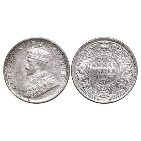 George V, Silver, 2 Annas, 1914, Bombay Mint, Dot, Die crack on Obv rim edge. F. Prid 573.