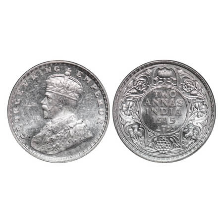 George V, Silver, 2 Annas, 1915, Calcutta Mint, No dot. F. Prid 568. GK 1114. Brilliant Un