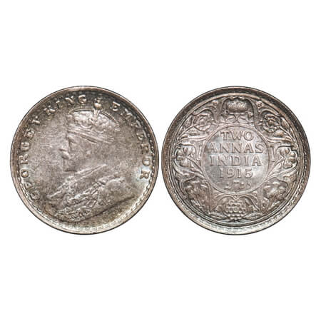 George V, Silver, 2 Annas, 1915, Bombay Mint, Dot, Planchet flaw on Obv below the second h