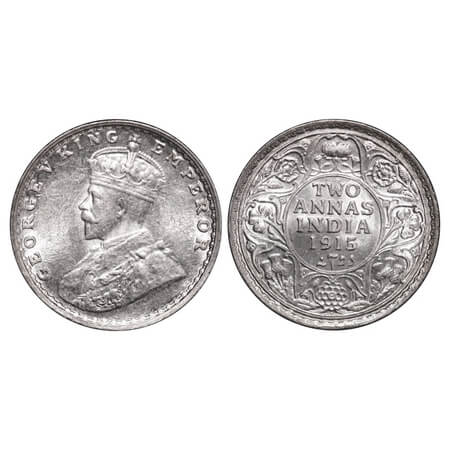 George V, Silver, 2 Annas, 1915, Bombay Mint, Dot, Ghost on Obv and Rev. F. Prid 574. GK 1