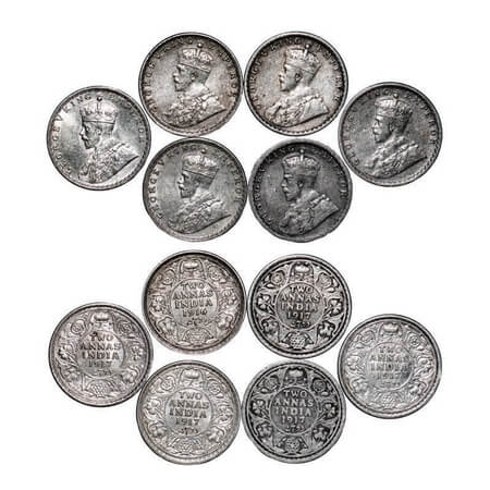 George V, Silver, 2 Annas, (6 coins), 1916, 1917(5), Calcutta Mint, No dot. F. Prid 569, 5