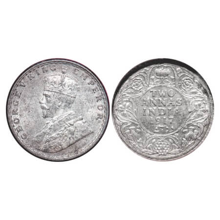 George V, Silver, 2 Annas, 1917, Calcutta Mint, No dot. F. Prid 570. GK 1117. NGS Slabbed 