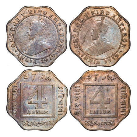George V, Copper-Nickel, 4 Annas, (2 coins), 1919, 1) Calcutta Mint, No dot, 2) Bombay Min