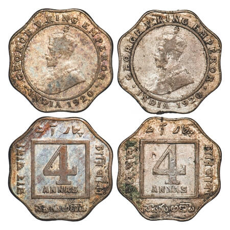 George V, Copper-Nickel, 4 Annas, (2 coins), 1920, 1) Calcutta Mint, No dot, 2) Bombay Min