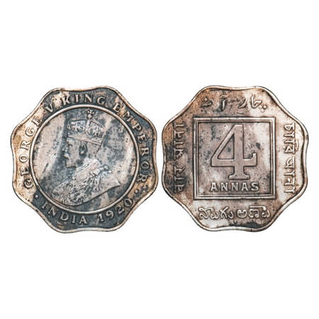 George V, Copper-Nickel, 4 Annas, 1920, Bombay Mint, dot. F. Prid 878. GK 1104. Extremely 