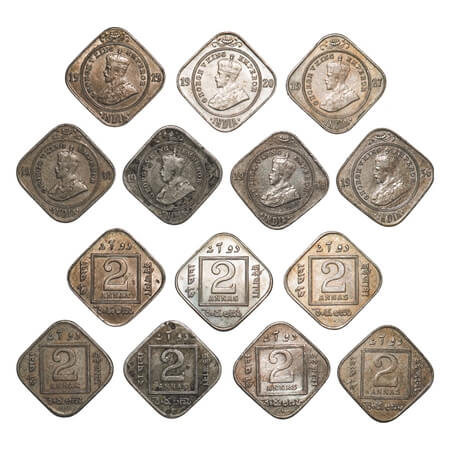 George V, Copper-Nickel, 2 Annas, (7 coins), 1) 1919, Calcutta Mint, No dot, 2) 1920, Calc