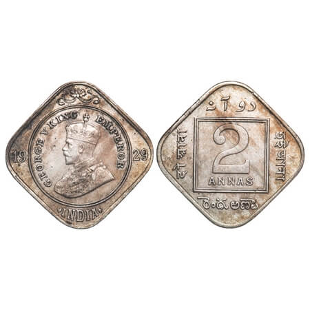 George V, Copper-Nickel, 2 Annas, 1929, Calcutta Mint, No dot. F. Prid 889. GK 1134. Extre