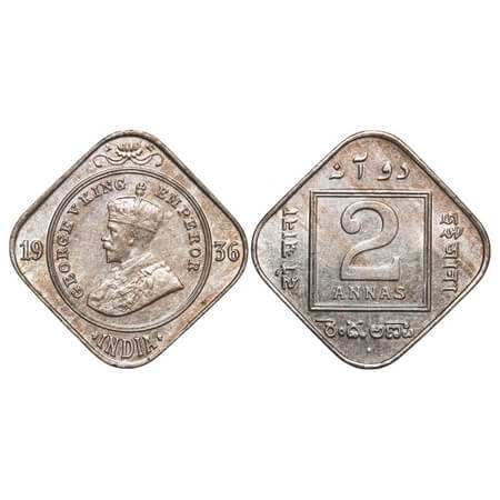 George V, Copper-Nickel, 2 Annas, 1936, Bombay Mint, Dot. F. Prid 903. GK 1140. Almost Unc