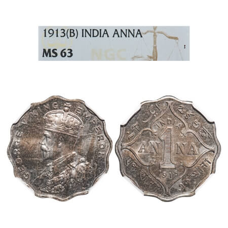 George V, Copper-Nickel, 1 Anna, 1913, Bombay Mint, No dot. F. Prid 943. GK 1143. NGC Slab