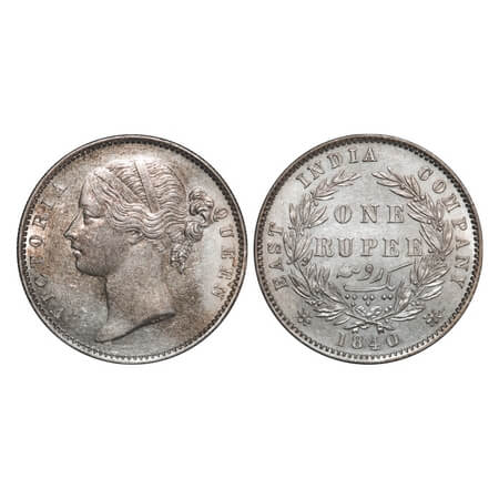 Victoria Queen, Silver, Rupee, 1840, DL, Madras Mint, W.W. 'S' raised, Wreath with 28 Berr