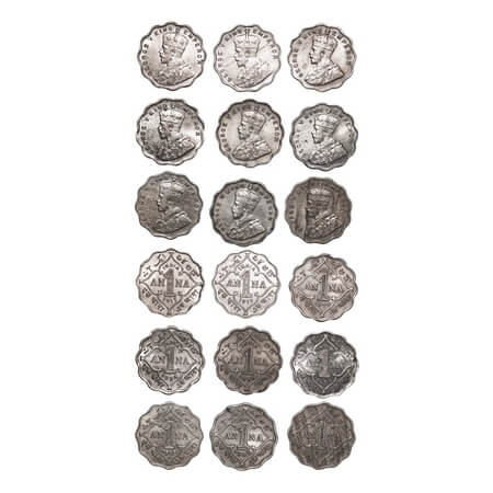 George V, Copper-Nickel, 1 Anna, (9 coins), 1) 1917, Bombay Mint, No dot, 2) 1919, Bombay 