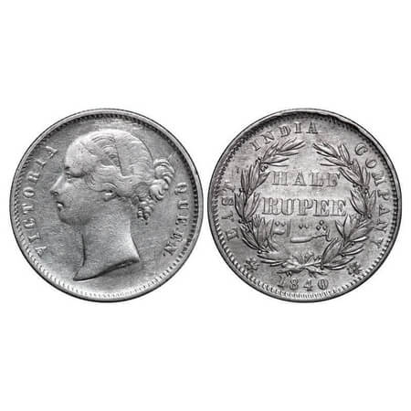 Victoria Queen, Silver, Half Rupee, 1840, DL, Calcutta Mint, .W.W incused, Wreath with 24 