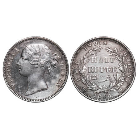 Victoria Queen, Silver, Half Rupee, 1840, DL, Madras Mint, 'B' raised, W.W incused, Wreath