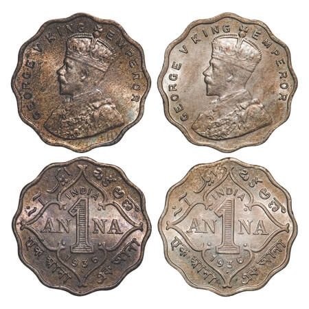 George V, Copper-Nickel, 1 Anna, (2 coins), 1936, Bombay Mint, Dot, Small dot and Big dot.