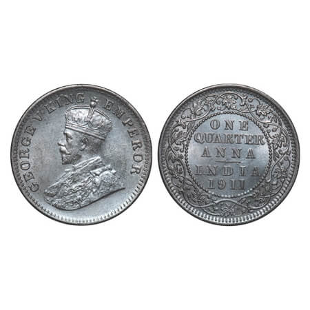 George V, Bronze, Quarter Anna, 1911, Calcutta Mint, No mint mark, Pig-type. F. Prid 656. 