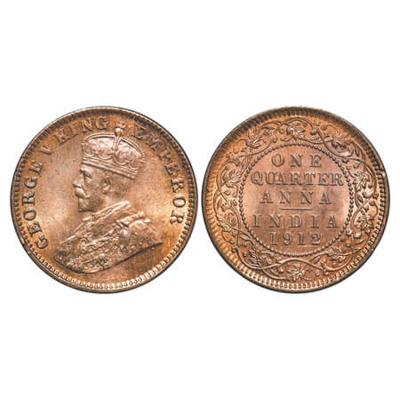 George V, Bronze, Quarter Anna, 1912, Calcutta Mint, No dot, Elephant Type. F. Prid 658. G