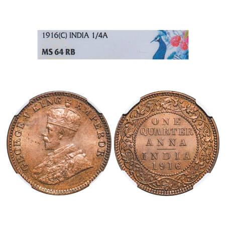 George V, Bronze, Quarter Anna, 1916, Calcutta Mint, No dot. F. Prid 661. GK 1175. NGC Sla