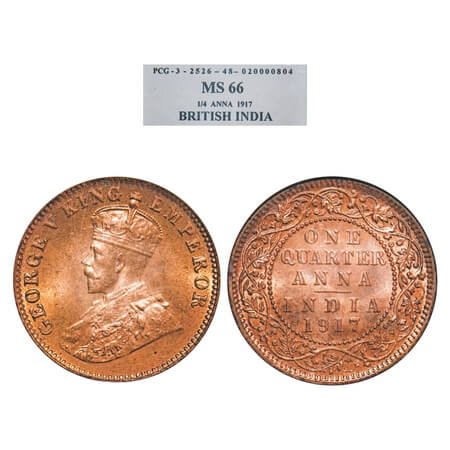 George V, Bronze, Quarter Anna, 1917, Calcutta Mint, No dot. F. Prid 662. GK 1176. PCG Sla