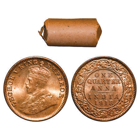 George V, Bronze, Quarter Anna, Roll of 32 Coins, 1918, Calcutta Mint, No dot. F. Prid 663