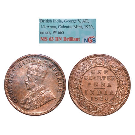 George V, Bronze, Quarter Anna, 1920, Calcutta Mint, No dot. F. Prid 665. GK 1179. NGS Sla