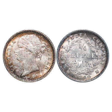 Victoria Queen, Silver, 1/4 Rupee, 1840 DL, Calcutta Mint, W.W. raised, Wreath with 10 Ber
