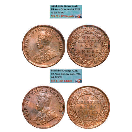 George V, Bronze, Quarter Anna, (2 slabs), 1) 1920, Calcutta Mint, No dot, 2) 1925, Bombay