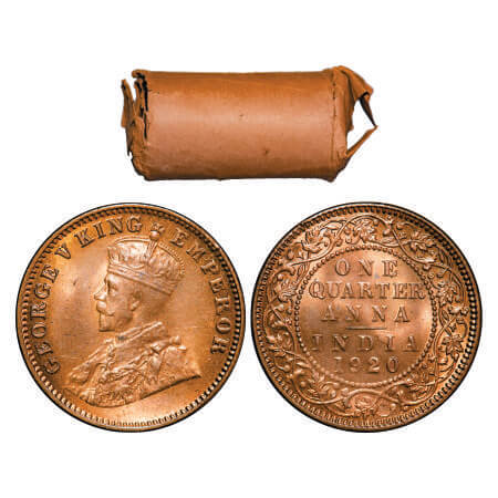 George V, Bronze, Quarter Anna, Roll of 32 Coins, 1920, Calcutta Mint. F. Prid 665. GK 117