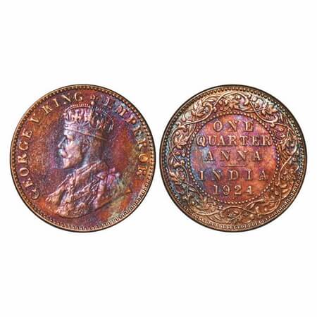 George V, Bronze, Quarter Anna, 1924, Bombay Mint, Dot. F. Prid 677. GK 1180. Brilliant Un