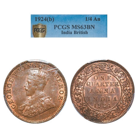 George V, Bronze, Quarter Anna, 1924, Bombay Mint, Dot. F. Prid 677. GK 1180. PCGS Slabbed
