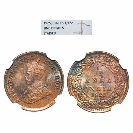 George V, Bronze, 1/12 Anna, 1925, Calcutta Mint, No dot. F. Prid 839. GK 1238. NGC Slabbe