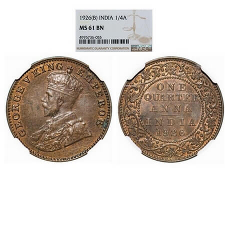 George V, Bronze, Quarter Anna, 1926, Bombay Mint, Dot. F. Prid 679. GK 1183. NGC Slabbed 