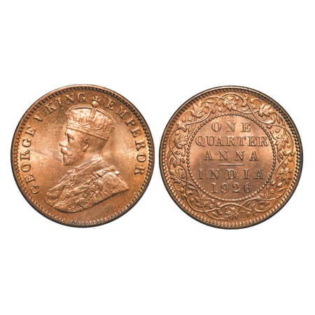George V, Bronze, Quarter Anna, 1926, Calcutta Mint, No Dot. F. Prid 667. GK 1184. Brillia