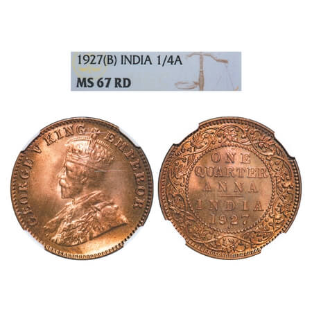 George V, Bronze, Quarter Anna, 1927, Bombay Mint, Dot. F. Prid 680. GK 1185. NGC Slabbed 
