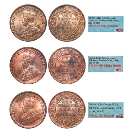 George V, Bronze, Quarter Anna, (3 slabs), 1) 1927, Bombay Mint, Dot, 2) 1928, Bombay Mint