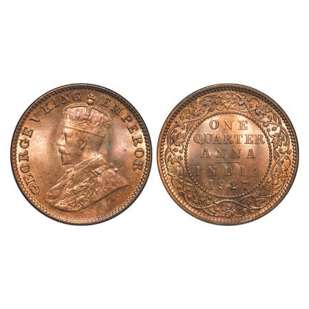 George V, Bronze, Quarter Anna, 1927, Calcutta Mint, No Dot. F. Prid 668. GK 1186. Brillia