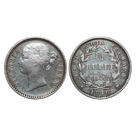 Victoria Queen, Silver, 1/4 Rupee, DL, 1840, Madras Mint, W.W. 'S' raised, Wreath with 10 