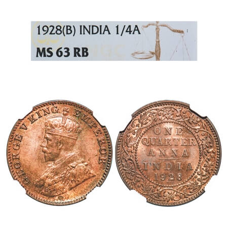 George V, Bronze, Quarter Anna, 1928, Bombay Mint, Dot. F. Prid 681. GK 1187. NGC Slabbed 