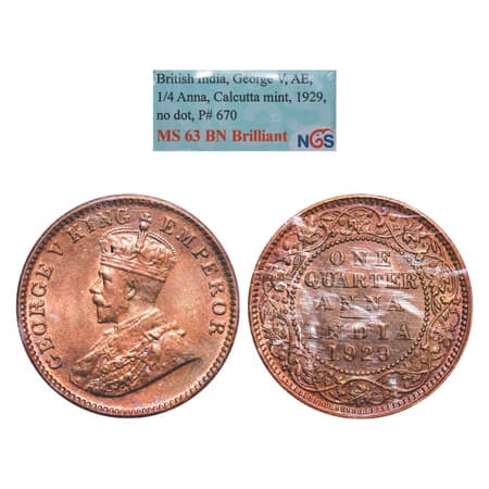 George V, Bronze, Quarter Anna, 1929, Calcutta Mint, No dot. F. Prid 670. GK 1189. NGS Sla
