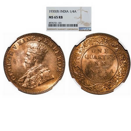 George V, Bronze, Quarter Anna, 1930, Bombay Mint, Dot. F. Prid 682. GK 1190. NGC Slabbed