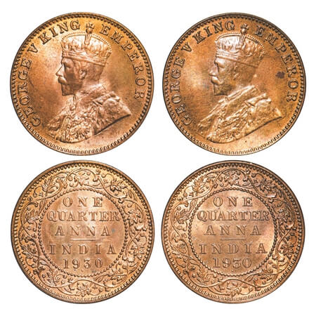 George V, Bronze, Quarter Anna, (2 coins), 1930, Bombay Mint, Dot, 1) Normal numeral date,