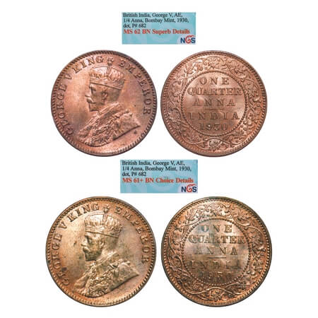George V, Bronze, Quarter Anna, (2 slabs), 1930, Bombay Mint, Dot, 1) Normal numeral date,