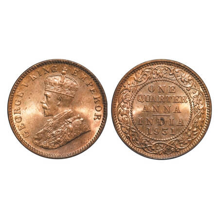 George V, Bronze, Quarter Anna, 1931, Calcutta Mint, No Dot. F. Prid 672. GK 1192. Brillia