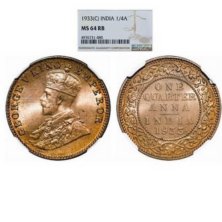 George V, Bronze, Quarter Anna, 1933, Calcutta Mint, No dot. F. Prid 673. GK 1193. NGC Sla