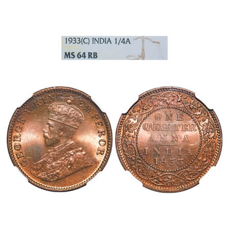 George V, Bronze, Quarter Anna, 1933, Calcutta Mint, No dot. F. Prid 673. GK 1193. NGC Sla