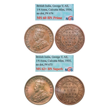 George V, Bronze, Quarter Anna, (2 slabs), 1934, 1935, Calcutta Mint, No dot. F. Prid 674,