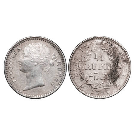 Victoria Queen, Silver, 1/4 Rupee, DL, 1840, Madras Mint, W.W. 'S' raised, Wreath with 10 